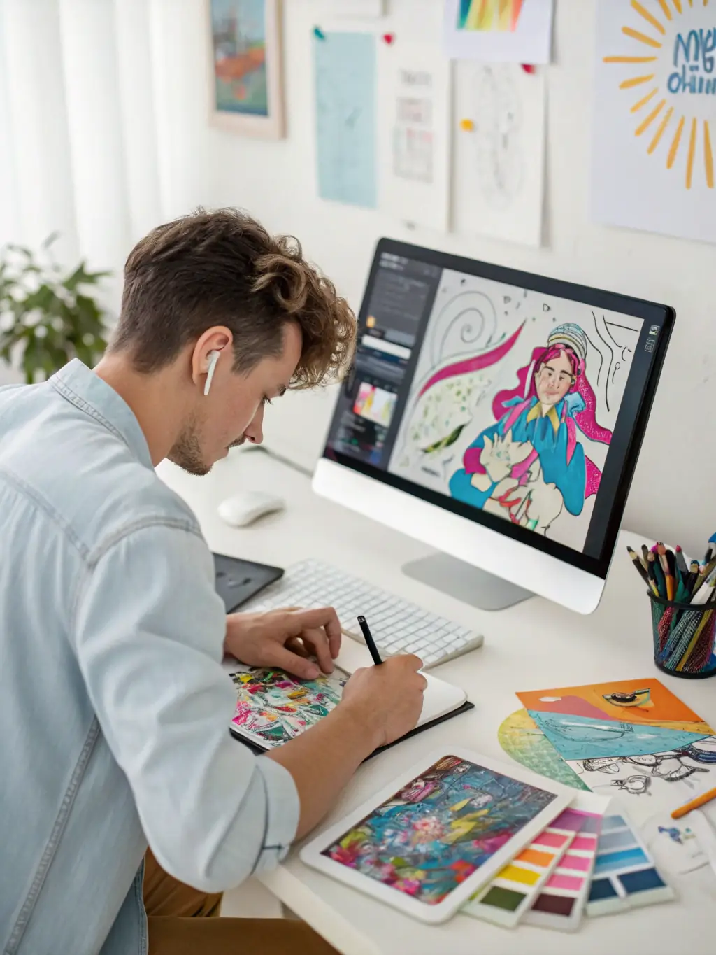 A sleek and modern image of the 'AI Art Studio' game, showcasing a user creating digital art with AI-assisted tools and features.