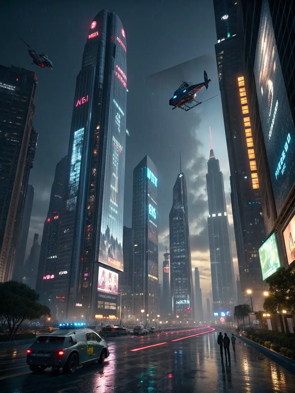 A visually appealing image of the 'AI City Builder' game, displaying a futuristic cityscape with AI-controlled traffic and resource management.